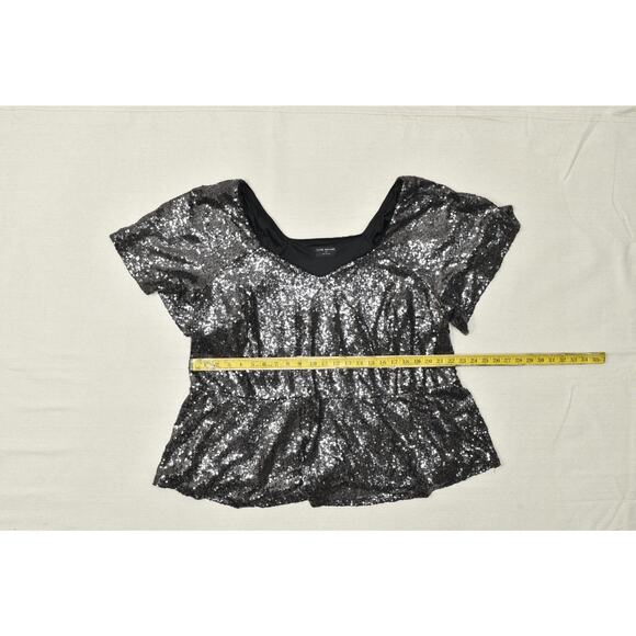 Lane Bryant Plus Size 28 Sequin Peplum Top Black V-Neck Short Sleeve Blouse - Picture 2 of 8